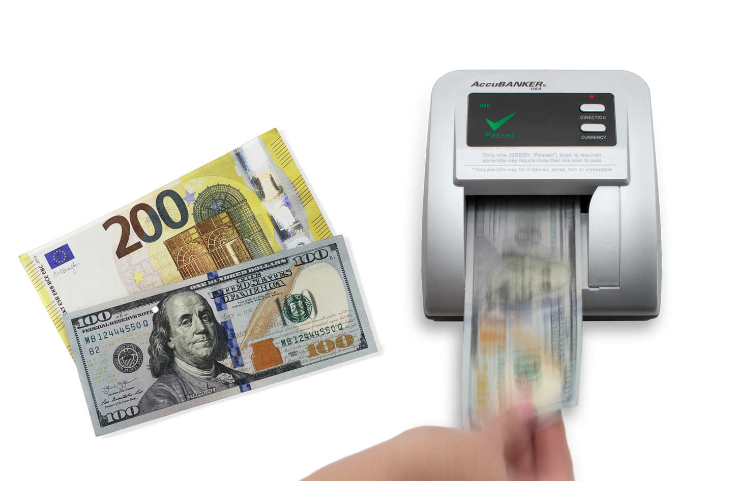 Currency counter with USD and Euro banknotes on a white background