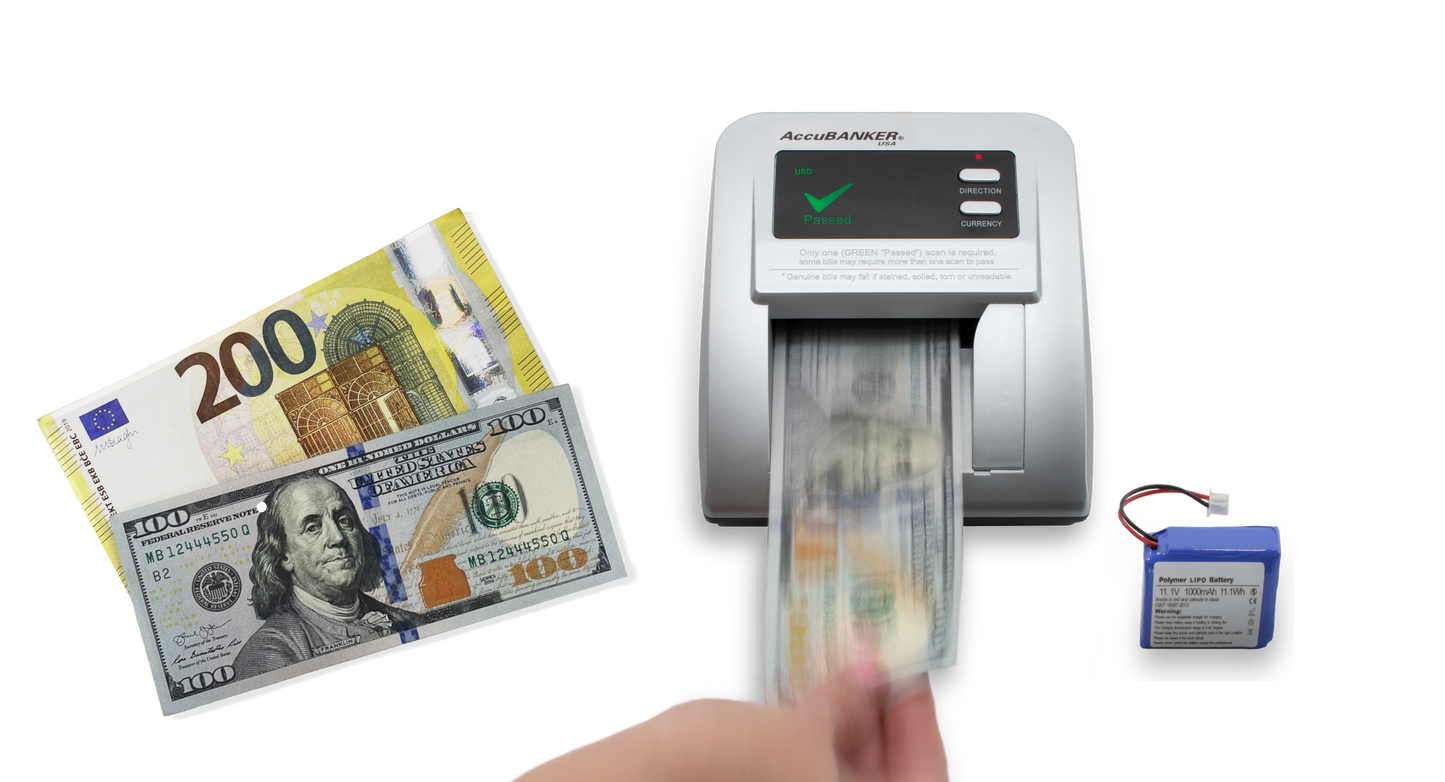 Money counting machine with various currencies including Euro and US Dollar bills on a white background