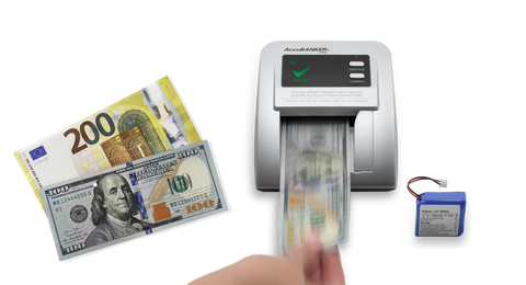 Money counting machine with various currencies including Euro and US Dollar bills on a white background