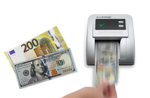 Currency counter with USD and Euro banknotes on a white background