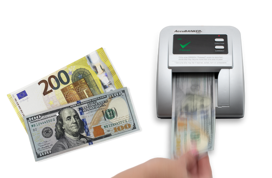 Currency counter with USD and Euro banknotes on a white background
