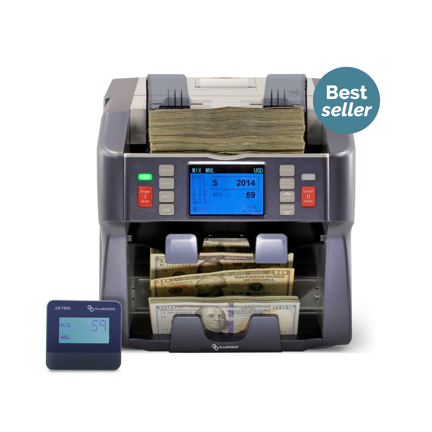 Money Counter Value Counter - AccuBANKER AB7800 Mixed Bill Counter, Dual Pocket, Sorts & Counts, Built-In Printer